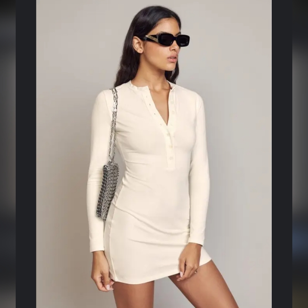 Reformation Tam Cream Bodycon Dress Button Neckline Sz. XS Knit Organic Cotton